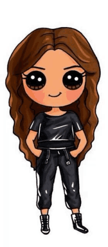 a cartoon girl with long brown hair and big eyes is wearing a black shirt and black pants .