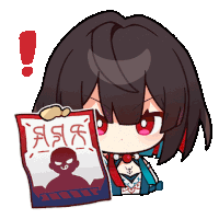 a cartoon girl is holding a piece of paper with asian writing