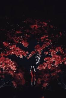 a painting of a person standing in a dark forest with red leaves