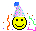 a pixel art smiley face wearing a party hat