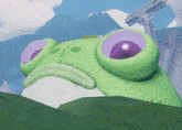 a green frog with purple eyes is standing in the grass with mountains in the background