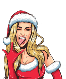 a woman wearing a santa hat and gloves sticking her tongue out