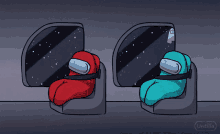 a red and a blue among us character are sitting next to each other in space