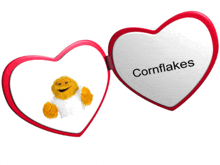 a heart shaped mirror with the word cornflakes on the front