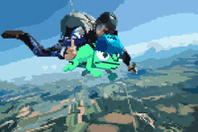 a pixel art of a person flying through the air with a green frog on their back