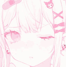 a close up of a pink anime girl with a bandage on her hair