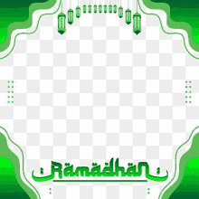 a green and white frame with lanterns and the word ramadhan on a transparent background .