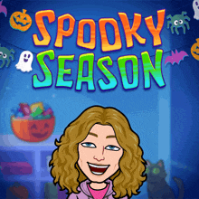 a cartoon woman is smiling in front of a spooky season sign