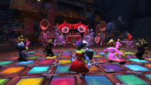 a group of cartoon characters are dancing on a colorful dance floor in front of a banner that says live and let live