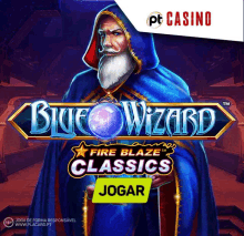 a poster for blue wizard fire blaze classics shows a man in a blue cape