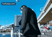 a man in a suit is standing next to a body of water with seagulls flying in the background .