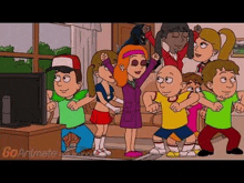 a group of cartoon characters are dancing in front of a tv .