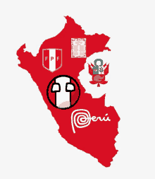 a red and white map of peru with a few logos on it