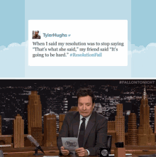 a tweet from tyler hughs is displayed above a picture of jimmy fallon