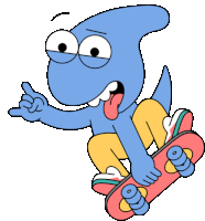 a cartoon character is riding a skateboard and giving a peace sign