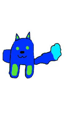 a drawing of a blue animal with green eyes and a blue tail