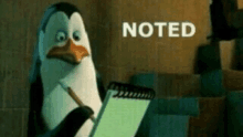 a penguin is writing on a notepad with the word noted behind it