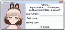 a computer screen that says totally not malware and a girl with bunny ears