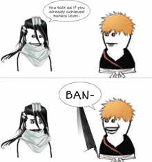 a cartoon of bleach characters talking about ban