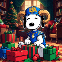 a cartoon of snoopy wearing a la rams uniform