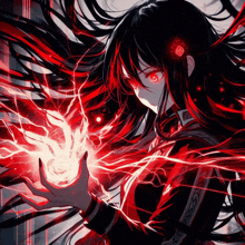 a girl with black hair and red eyes is holding a red lightning bolt in her hands