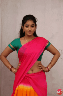 a woman wearing a pink and orange saree and a green blouse stands with her hands on her hips