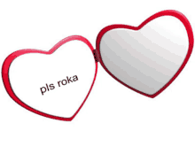 a pair of heart shaped mirrors with pls roka written on one of them