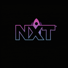 a purple and blue logo for nxt with a rocket in the middle