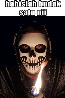 a person wearing a skull mask is holding a lit candle in their mouth