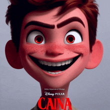 a poster for disney pixar 's caina shows a boy with red eyes