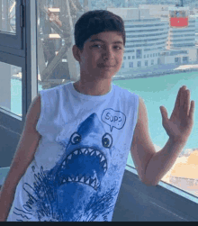 a young boy wearing a tank top with a picture of a shark on it