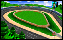 a cartoon racing track with a sign that says mario