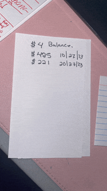 a piece of paper that says # 4 balance on it