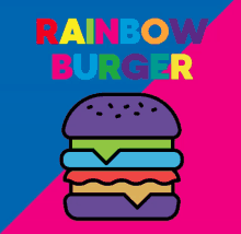 a rainbow colored hamburger is on a blue and pink background