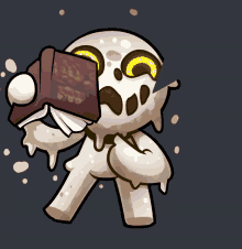 a cartoon drawing of a skeleton holding a book that says ' skeleton ' on it