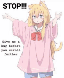 a girl with a cat ear and tail is giving a hug before you scroll further .