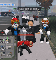 a group of roblox characters are standing on a sidewalk in front of a dealership sign