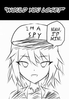 a black and white drawing of a girl with a hat that says " i 'm a spy "