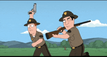 a cartoon of two park rangers one holding a gun and one holding a shotgun