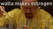 a man in a yellow jacket is pouring liquid into a beaker with the words " walta makes estrogen " written on the screen