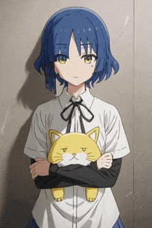 a girl with blue hair is holding a stuffed yellow cat