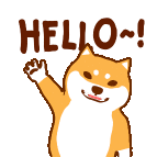 a shiba inu dog is waving its paw and says hello .