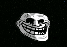 a black and white drawing of a troll face smiling