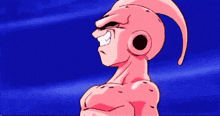 a close up of a cartoon character with a pink head and a blue background .