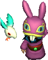 a purple rabbit is standing next to a white bird .