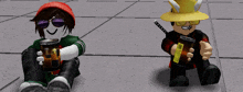 two roblox characters are sitting on the ground one is holding a drink and the other is holding a can