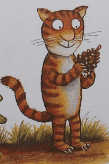 a cartoon cat is holding a pine cone