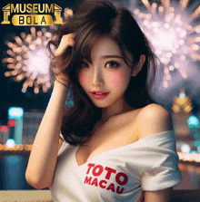 a woman wearing a toto macau shirt is standing in front of fireworks