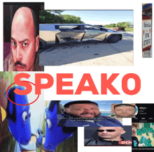 a collage of images with the words speako in red