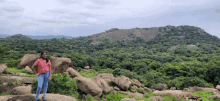 a woman in a pink shirt is standing in front of a mountain